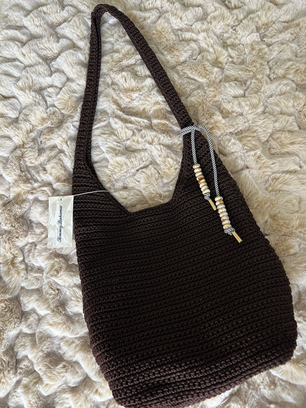 Tommy Bahama Dark Brown Crocheted Shoulder Bag with Bead Accent